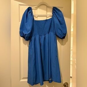 Square Neck Puff Sleeve Blue Dress with Pockets Large